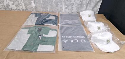 (2) Dickies Westover Long Sleeve Men's Lifestyle Shirts, Both Small, (1) Green, (1) Navy, (2) Graphic T-Shirts, Large & (3) Dickies &ldquo;Don&rsquo;t Trip&rdquo; White Baseball Hats