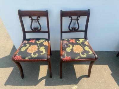 Pair of Lyre-Back Side Chairs, Mahogany Finish, Floral Upholstery, 34" Tall, Saber Legs