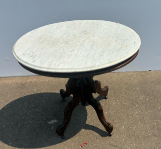 Antique Oval Marble-Top Side Table with Ornate Walnut Base and Casters