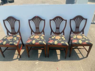 Set of 4 Hepplewhite Shield-Back Dining Chairs, Floral Upholstery, Hardwood Frame, No Arms