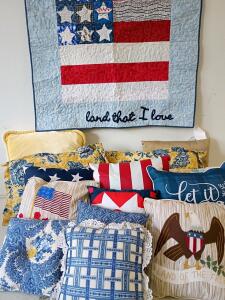 Lot of 14 Decorative Throw Pillows & Patriotic Americana Quilted Embroidery,