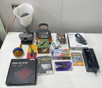 Mixed Lot Sony Wireless Headphones, HDX Work Light, DNA Air Filter, Lawn Timer, Survival Gear
