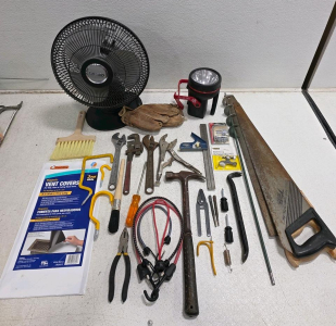 Assorted Hand Tools & Working Lasko Table Fan Lot, Frost King Magnetic Vent Covers