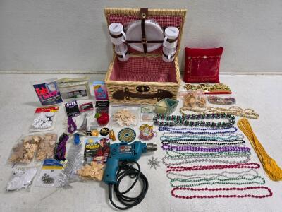 Working Makita 6405 Drill, Picnic Basket Set, 14+ Bead Necklaces, Crowns, Craft Supplies &ndash; Mixed Lot