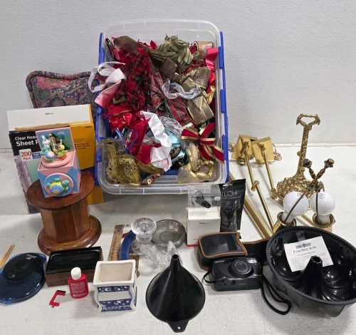 Mixed Lot: Pentax IQZoom EZY-R Camera, Plantronics Bluetooth, Brass Lamps, Pewter Plates, Ribbon