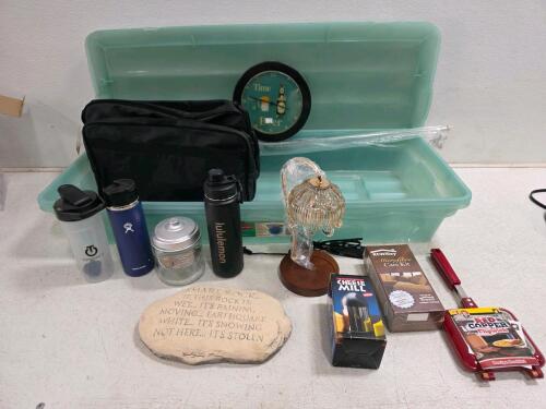Rubbermaid Storage Bin Lot: Hydro Flask, Lululemon, Red Copper Flipwich, Cheese Mill, Working candle Warmer Lamp, Clock