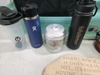 Rubbermaid Storage Bin Lot: Hydro Flask, Lululemon, Red Copper Flipwich, Cheese Mill, Working candle Warmer Lamp, Clock - 2