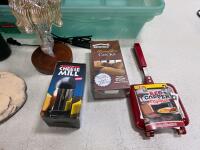 Rubbermaid Storage Bin Lot: Hydro Flask, Lululemon, Red Copper Flipwich, Cheese Mill, Working candle Warmer Lamp, Clock - 4