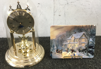 Vintage Elgin Glass Dome Rotating Pendulum Clock And A Christmas Decrotive Plate