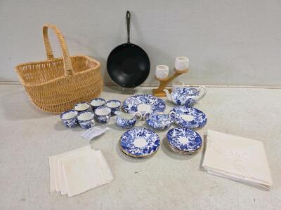 Blue Willow Porcelain Tea Set, Gold Rim, Cups, Saucers, Teapot, Basket, Napkins