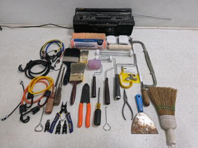 Assorted Hand Tools DIY Lot, GE Working Cassette Radio, Stanley Doorstop, Paint Brushes & Rollers