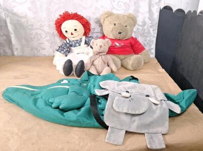 (1) Large Raggedy Ann Doll, (1) Large Teddy Bear, (1) Small Teddy Bear, (1) Alligator Duffel Bag & (1) Small Elephant Backpack