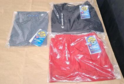 (2) Pair Of Banana Boat UPF 50+ Ladies Activewear Shorts, (1) Red, (1) Black, Both Large & (1) Banana Boat UPF 50+ Ladies Rash Guard Top, Space Black, Large