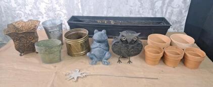 (1) Metal Owl Candle Lantern, (1) Composite Frog, (1) 36" Patio Planter & Assorted Metal & Clay Pots