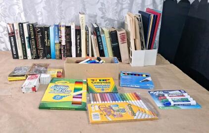 Lot Of (20+) Assorted Hard Backed Novels & Assorted Markers, Paperclips & File Folders