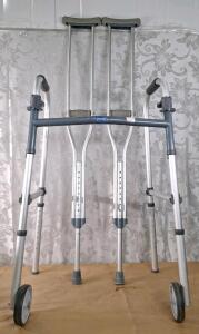 (1) Invacare Adult Folding Walker & (1) Pair Of Crutches