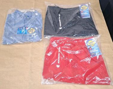(2) Pair Of Banana Boat UPF 50+ Ladies Activewear Shorts, (1) Red, (1) Black, Both Large & (1) Banana Boat UPF 50+ Ladies Rash Guard Top, Space Blue, Large