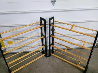 Folding 10-Pair Freestanding Boot Rack, Black Steel Frame with Wooden Dowels, 38"x33"x7"