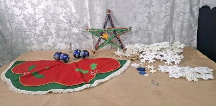 (1) Tree Skirt, (1) Snowflake Tree Topper & Assorted Ornaments & Light Strings