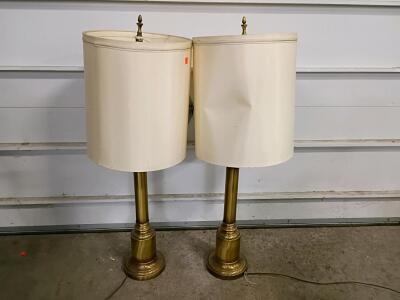 Pair of Vintage Brass Table Lamps with Drum Shades, 37 Inches Tall, Classic Mid-Century Design