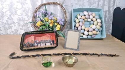 (1) Vintage Caithness Maydance Paperweight In Green, (1) Small Brass Bowl, (1) 35" Vintage Wooden Cane & More