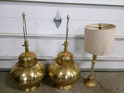 Pair of Brass Table Lamps & Acrylic Brass Table Lamp with Drum Shade