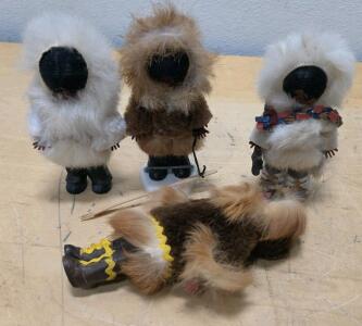 Set of 4 Inuit/Eskimo Fur Parka Dolls, Hand-Sewn Native Attire, Vintage Mid-20th Century