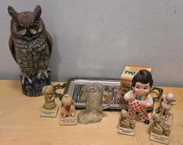 Vintage Collectible Lot: Big Boy Figure, Owl Statue, Tiki Mug, Humorous Mini Figurines, Egyptian Design Tray
