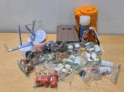 Mixed Lot: Collectible Salt & Pepper Shakers, Denver Broncos Bottle, Tool Set, Blanket