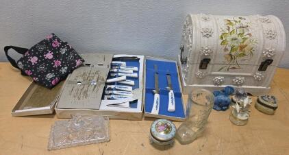 Vintage Floral Cutlery Set, Decorative White Floral Chest, Glassware & Trinket Box Collection