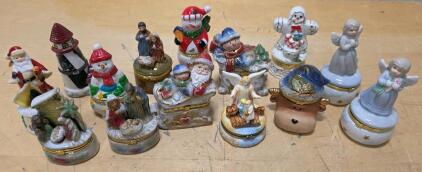 Christmas Porcelain Trinket Box Figurines Lot - Holiday Themes, Hinged Gold Accents