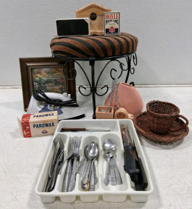 Assorted Household Items Lot: Speaker, Cutlery, Decor, Iron, Stool, and More (Turns On)