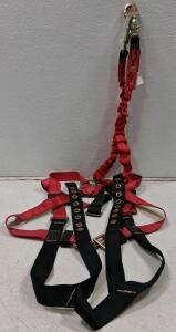 Full Body Safety Harness w/ Bungee, Black/Red, Steel Snap Hook, 310lb Capacity