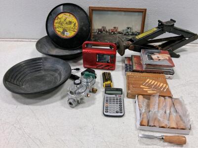 Mixed Lot: Estwing Gold Pans, Kaito Radio, Car Jack, Wood Carving Set, Regulator, DVDs