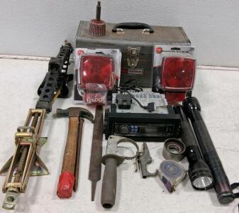 Craftsman Metal Toolbox w/ PM M521 Tail Lights, Bottle Jack, Maglite Flashlights, Car Stereo & Tools