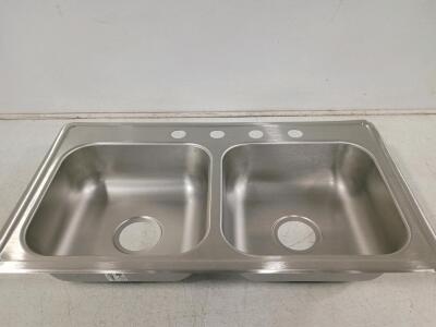 Republic 33"x19" Double Basin Stainless Steel Top-Mount Kitchen Sink, 4 Faucet Holes, Clips