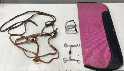 Horse Tack Set: Pink Saddle Pad, Light Brown Leather Bridle, Western Bit, English Stirrups, 30"x32"