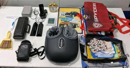 Mixed Lot: Foot Massager, Wheel Chocks, Clock, Cordless Phone, Tool Case, Shopping Bags