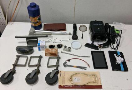 Mixed Lot: KineThome Steamer, Tablet, Swivel Casters, Blasting Media, Tools & Hardware