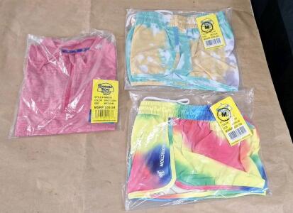 (2) Pair Of Banana Boat UPF 50+ Ladies Activewear Shorts, Both Tie Die, Both Medium & (1) Banana Boat UPF 50+ Ladies Rash Guard Top, Space Fushia, Medium