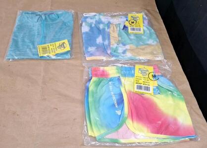(2) Pair Of Banana Boat UPF 50+ Ladies Activewear Shorts, Both Tie Die, Both Medium & (1) Banana Boat UPF 50+ Ladies Rash Guard Top, Space Aqua, Medium