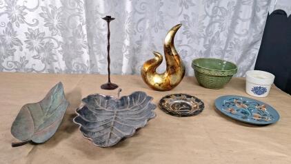 (2) Large Decorative Metal Leaves & Assorted Table Decor