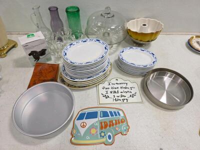 Large Mixed Lot Kitchenware: Blue Floral Plates, Glass Dessert Cups, Bakeware, Cake Dome, Decor