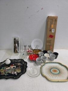 Mixed Vintage Lot: Winsoon Barn Door Hardware, Serving Trays, Knives, Mugs, Glassware, D&eacute;cor