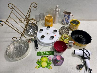 Large Kitchenware, Decor & Small Appliance Lot &ndash; Working Conair 1875 Hair Dryer, Bundt Pan, Glassware