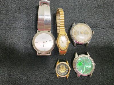 Lot of 5 Wristwatches: Android, Timex, Crosby Chronograph, Le Baron Skeleton, Novelty Frog Dial