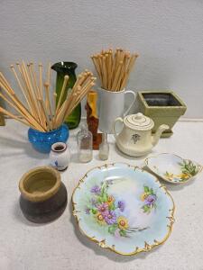 Assorted Vintage Knitting Needles, Hand-Painted Floral Plate, Pottery & Glassware Lot, 13 Pcs