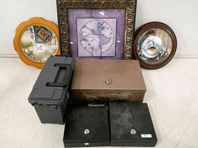 Limited Edition Knowles & Reco Collector Plates, SentrySafe Cash Boxes, Framed Art Mixed Lot