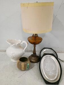 Mixed Vintage Household Decor Set: Lamp, Pitcher, Pottery Vessel, Sizzle Platters