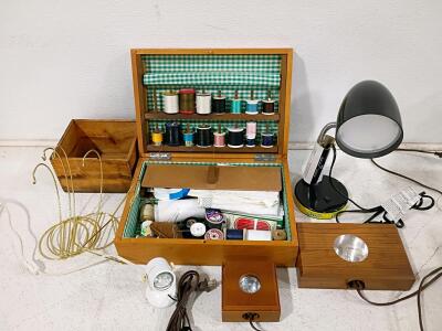 Sewing Box w/ Thread & Notions, 4 Vintage/Modern Lamps, 5 Gold Wire Ornament Display Stands